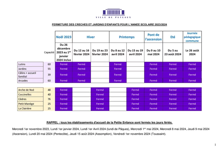 Fermeture des crèches et jardins d'enfants pour l'année scolaire 2023/2024 Calendrier de fermeture des établissements d'accueil collectif Puteaux