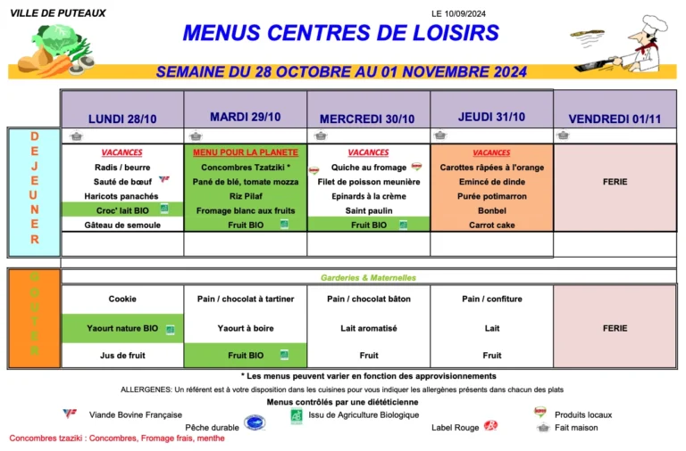 MENUS SCOLAIRES DU 28 OCTOBRE AU 01 NOVEMBRE 2024